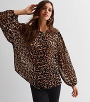 New Look Brown Leopard Print Glitter Long Puff Sleeve Blouse